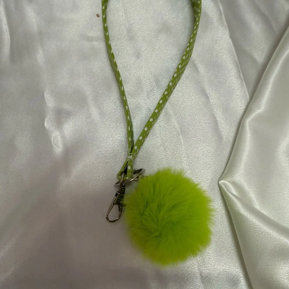 Handmade Green and White Polka Dot Wristlet Keychain with Green Pompom